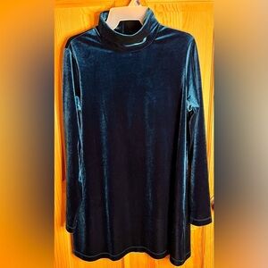 Joan Vass Blue Teal Velvet Turtleneck Tunic Top SZ Petite LG Soft Shiny Festive